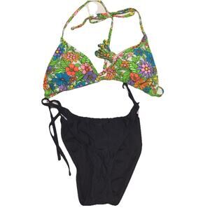 Set Bikini Floral Top Sz XS Bottoms Black Sz S New